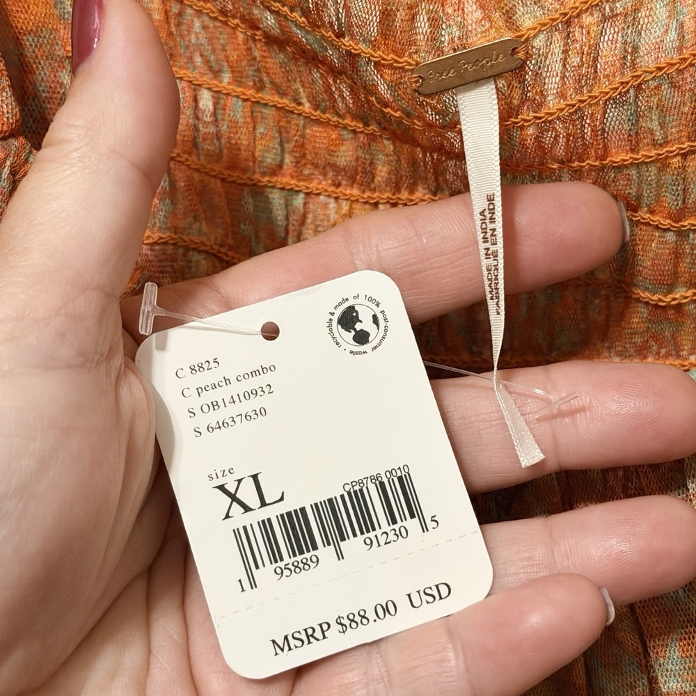 Free People Top XL Penelope Printed Smocked Peplum Top Orange Chiffon Summer NEW - Picture 5 of 10
